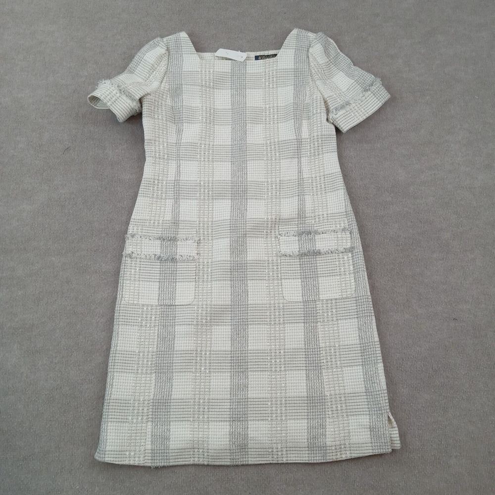 Brooks Brothers Dress Women Sz 10 White Gray Plaid‎ Shift Midi Lined Square Neck
